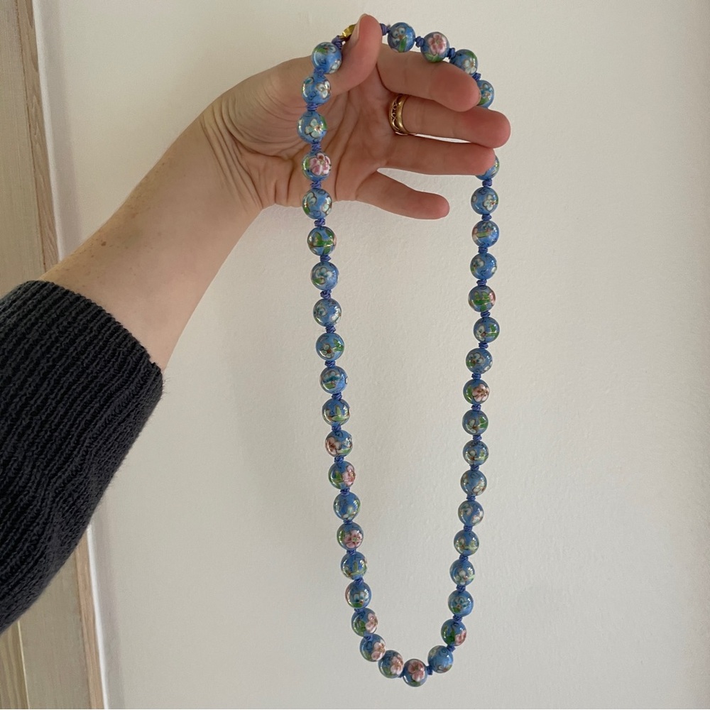 Mid Century Chinese Export Baby Blue Cloisonne Enamel Glass Gold Filled Necklace - Picture 5 of 9